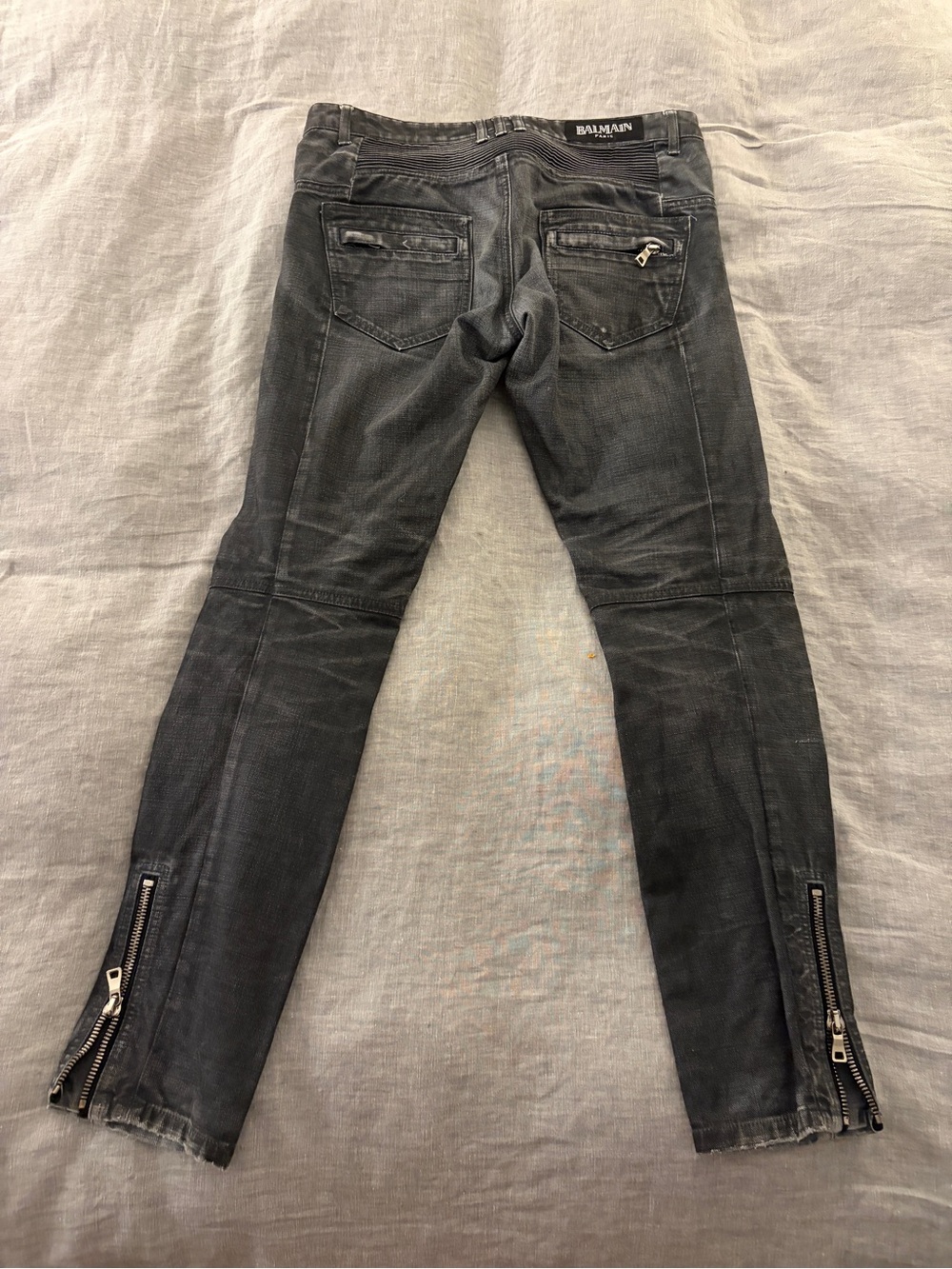 Balmain Paris Black Washed Moto Zip Skinny Jeans